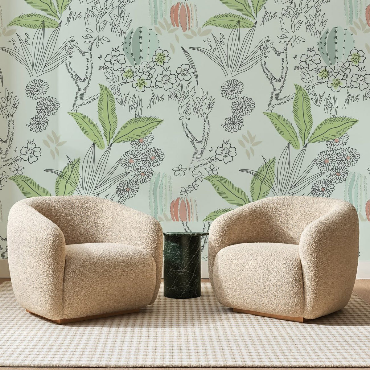 Papier peint panoramique Cactus au Trait Vert Menthe, posé sur toute la paroi d'un salon, derrière deux fauteuils en bouclette crème et un guéridon en marbre vert