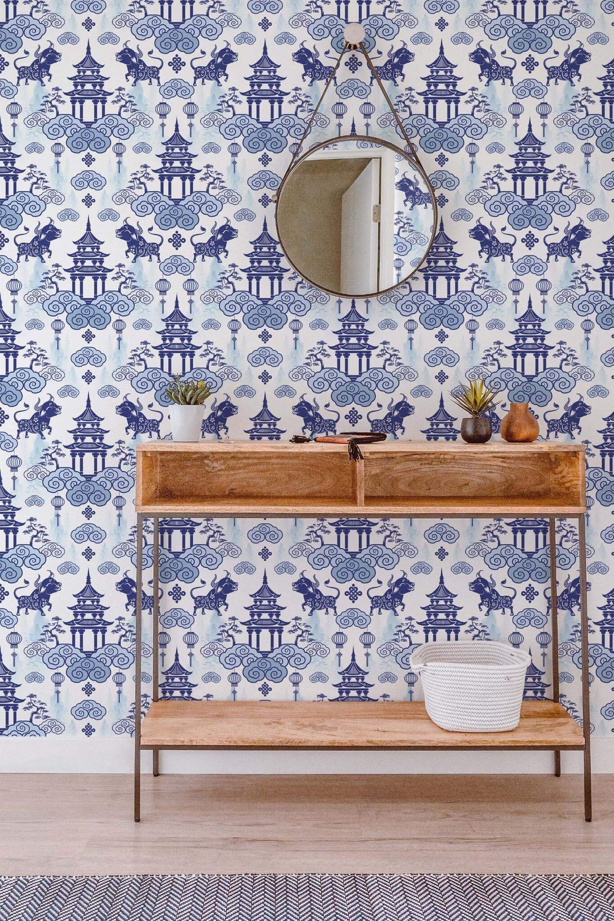 Pagodes et Buffles Bleu Porcelaine, en situation