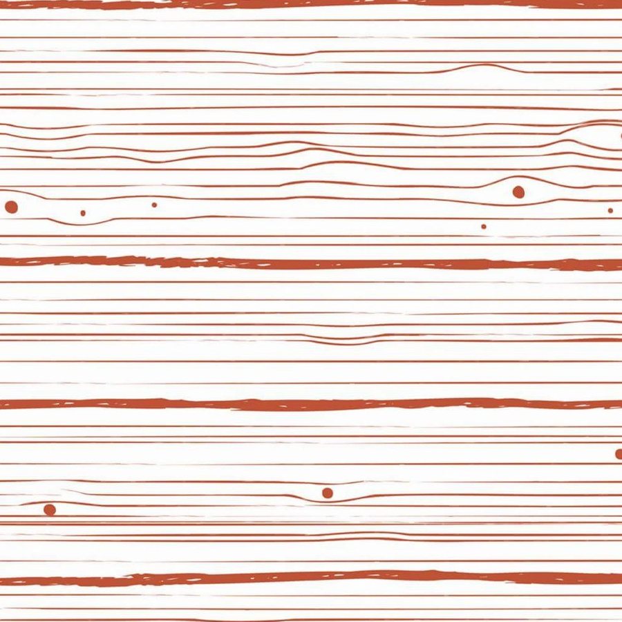 Gros plan de l'impression : une ligne terracotta tremblée qui s'épaissit, et un nœud de bois en ovale.