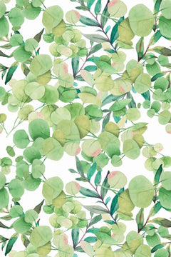 Motif à plat : grappes serrées de feuilles rondes vert pomme et vert tendre, rameaux vert émeraude et touches rose pâle sur fond blanc