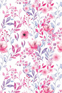 Fleurs et branches à l'aquarelle en rose, fuchsia et lavande, avec de petites baies rouges, sur un fond blanc.