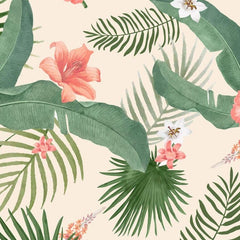 Gros plan de l'impression : les dégradés d'aquarelle d'un pétale corail et les nervures d'une palme.