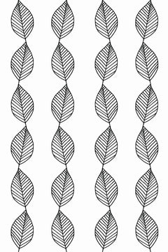 Motif à plat : feuilles noires nervurées alignées en colonnes verticales sur un fond blanc.