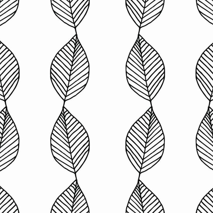 Gros plan de l'impression : contour noir épais d'une feuille et nervures obliques parallèles à l'intérieur.