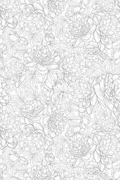 Motif à plat : pivoines et dahlias dessinés au trait gris fin, serrés sur un fond blanc.