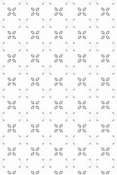Motif à plat : fleurs à quatre pétales en contour prune et minuscules amandes semées sur fond blanc.