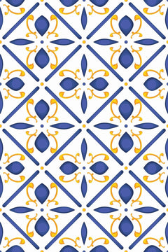 Le décor à plat : carrelage imprimé en trompe-l'œil, losanges bleu roi, fleurs à quatre pétales bleues et volutes jaune safran sur fond blanc.