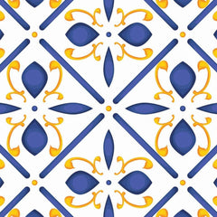 Gros plan de l'impression : pétale bleu en amande ombré de bleu foncé et crosse jaune safran enroulée à côté.