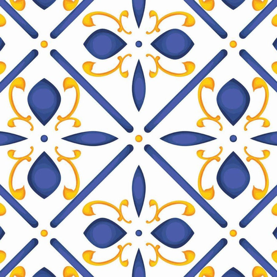 Gros plan de l'impression : pétale bleu en amande ombré de bleu foncé et crosse jaune safran enroulée à côté.
