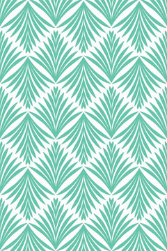 Motif à plat de grandes palmettes vert turquoise en ogives emboîtées sur fond blanc