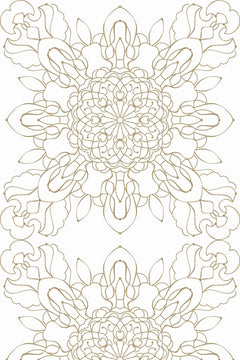 Grande rosace symétrique de pétales, volutes et feuilles, tracée au trait doré sur un fond blanc.
