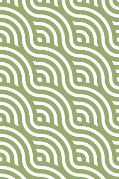 Motif à plat : arcs concentriques blancs imbriqués en diagonale, ponctués de petits carrés, sur un fond vert sauge uni.