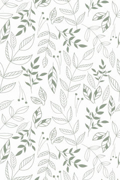 Motif à plat de petits rameaux vert amande et de feuilles au trait gris-vert sur fond blanc