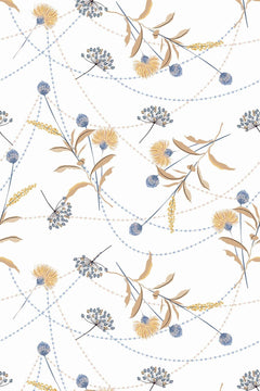 Chardons dorés, boules bleu gris et guirlandes en pointillés sur fond blanc.