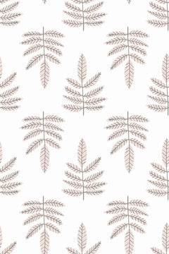 Motif à plat : frondes de mimosa au trait taupe rosé alignées en rangées sur fond blanc