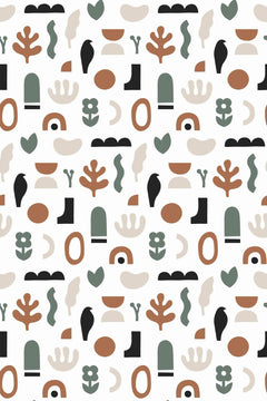 Motif à plat : petits symboles bohèmes terre cuite, vert sauge, noir et crème, arches, vases, rameaux et oiseau stylisé sur fond blanc