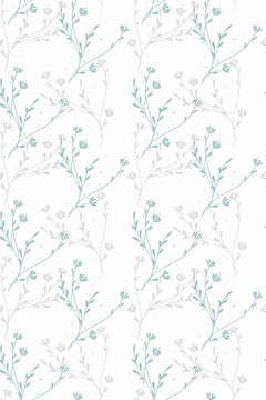 Motif à plat : tiges fleuries au trait bleu-vert et gris perle, semées de petits points, sur un fond blanc très aéré.