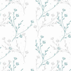 Gros plan sur l'impression : le trait bleu-vert d'une clochette et les feuilles étroites, posés sur le blanc du fond.