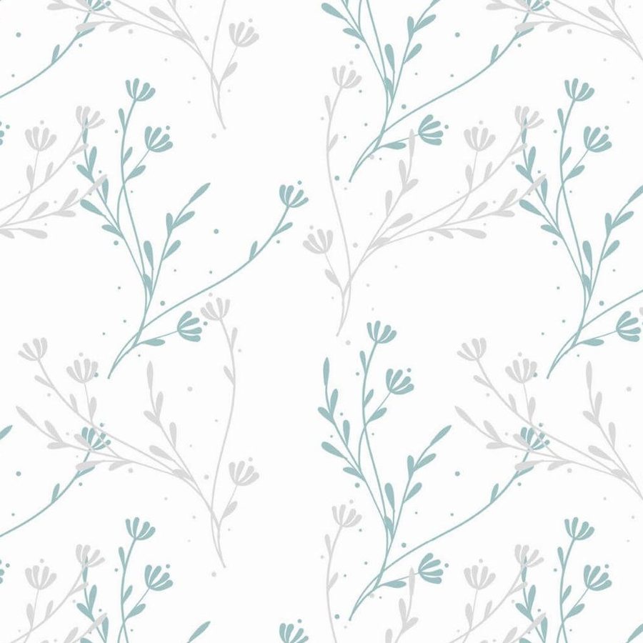 Gros plan sur l'impression : le trait bleu-vert d'une clochette et les feuilles étroites, posés sur le blanc du fond.