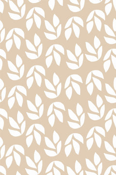 Motif à plat de feuilles blanches en aplat, groupées par deux ou trois sur un fond beige sable