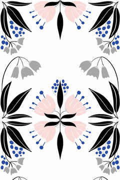 Motif à plat de bouquets en miroir, feuilles noires, pétales roses et baies bleues sur fond blanc