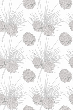 Motif à plat de pommes de pin et de faisceaux d'aiguilles dessinés en gris perle sur fond blanc