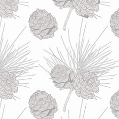 Gros plan de l'impression : écailles ombrées d'une pomme de pin et aiguilles tracées au trait gris