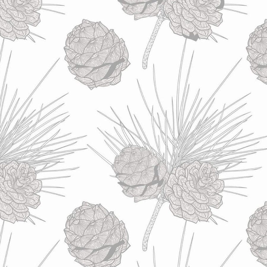 Gros plan de l'impression : écailles ombrées d'une pomme de pin et aiguilles tracées au trait gris