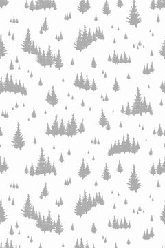 Décor à plat semé de petites masses de conifères gris clair sur fond blanc cassé, entre bandes d'arbres et sapins isolés