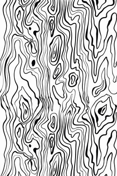 Motif à plat de veines de bois noires continues et de nœuds ovales sur fond blanc