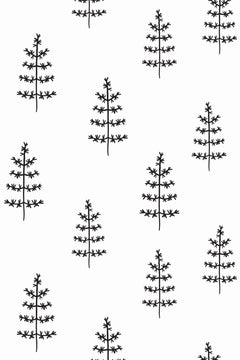 Décor à plat de sapins au trait noir dessinés isolément sur un fond blanc, de tailles variées et largement espacés