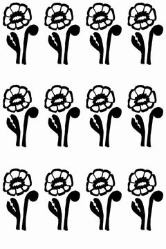 Motif à plat de fleurs stylisées en aplat noir épais, répétées en grille régulière sur fond blanc