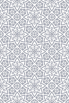 Le décor à plat : fleurs à huit pétales pointus et médaillons ronds au trait gris bleuté, alignés en grille sur fond blanc.