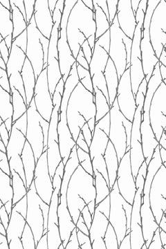 Décor à plat de fines tiges verticales gris argent aux petits bourgeons pointus, réparties sur un fond blanc
