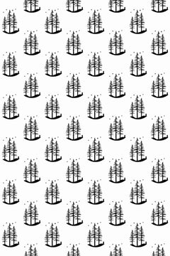 Décor à plat en noir sur blanc, petits groupes de sapins pleins posés sur un socle en losange et répartis en quinconce