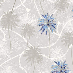Gros plan de l'impression : palmes bleues striées trait par trait et pointillés blancs sur le fond gris.