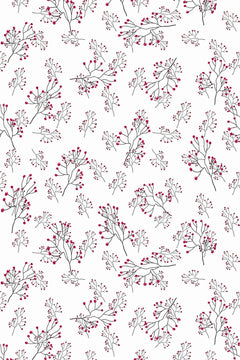 Motif à plat de brindilles tracées au trait noir fin portant des grappes de baies framboise sur fond blanc