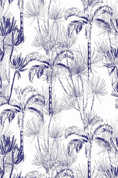 Motif à plat : palmiers et éventails de latanier au trait bleu marine et bleu pâle sur fond blanc.
