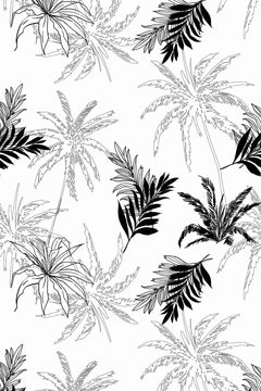 Motif à plat : palmiers en contour gris clair et palmes noires en aplat sur fond blanc.