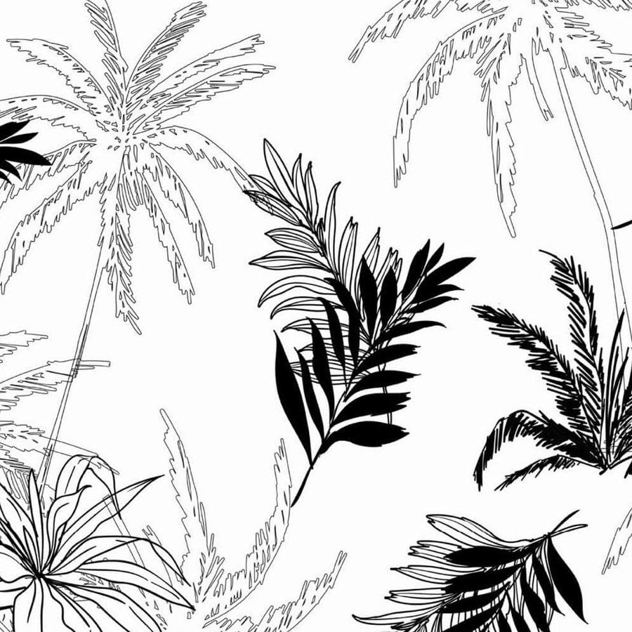Gros plan de l'impression : le bord net d'une palme noire posée sur le trait gris d'un palmier.