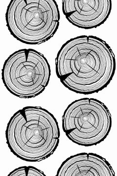 Décor à plat composé de grandes coupes de tronc noires sur fond blanc, cernes concentriques au trait fin et écorce en anneau épais