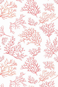 Motif à plat : branches de corail à l'aquarelle, du saumon clair au rouge framboise, espacées sur fond blanc.