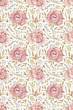 Motif à plat de grandes pivoines rose poudré et de petites feuilles ocre, moutarde et olive sur fond ivoire