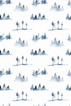 Décor à plat montrant des bosquets de sapins à l'aquarelle, indigo et bleu-gris dilué, posés sur un fond blanc traversé de bandes de brume