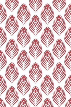 Le décor à plat : des ogives de plumes de paon rouge brique alignées en quinconce sur fond blanc.