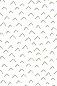 Motif à plat : petits chevrons vert sauge peints au pinceau, pointe en haut, sur fond blanc cassé.