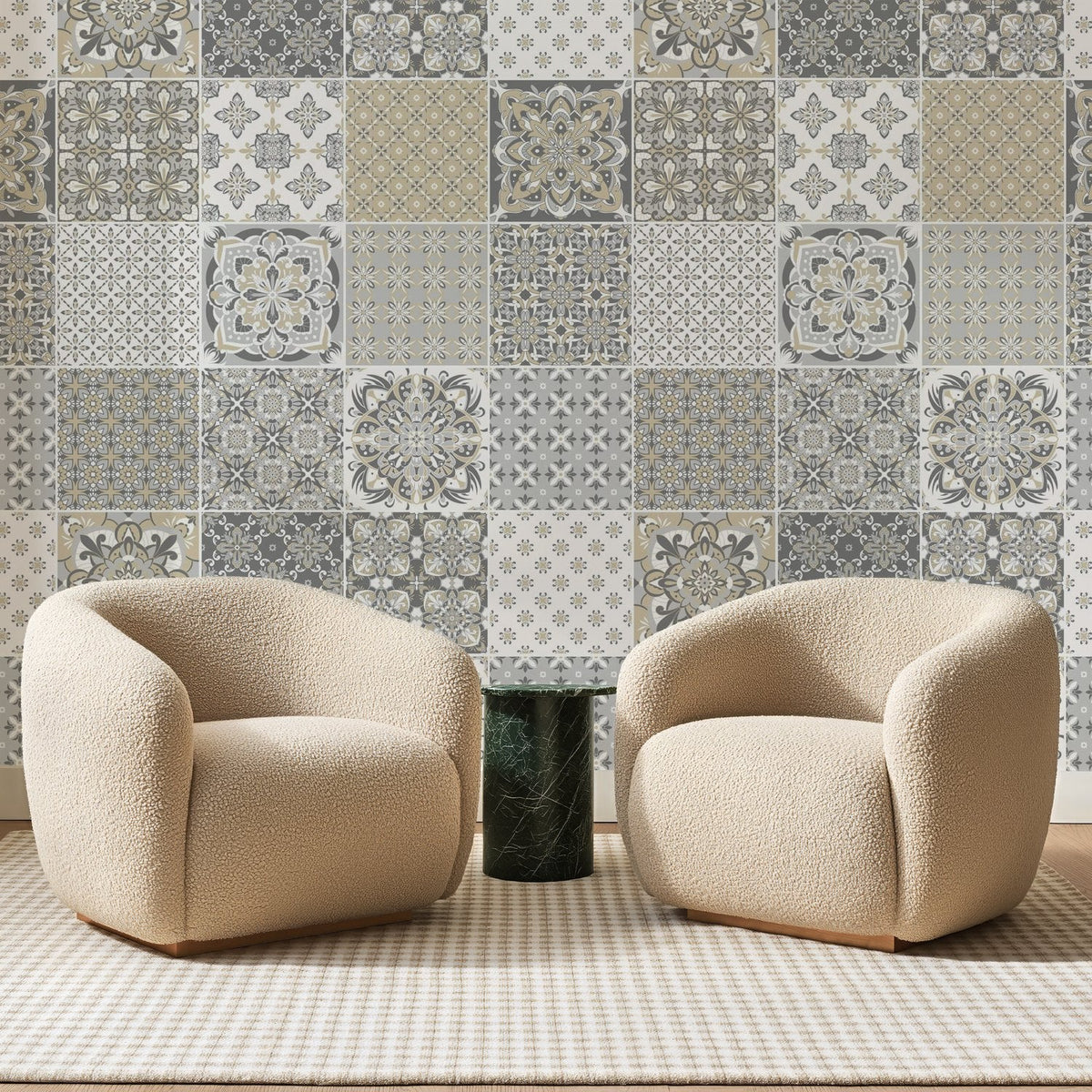 Patchwork de Carreaux Gris et Sable, en situation