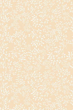 Motif à plat : semis dense de brindilles et petites feuilles blanches sur un fond abricot pâle.