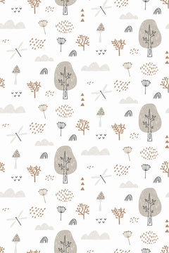 Arbres, nuages, champignons et arcs-en-ciel gris et rouille sur fond blanc.