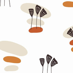 Gros plan sur l'impression : trait brun irrégulier d'une ombelle contre un aplat terracotta
